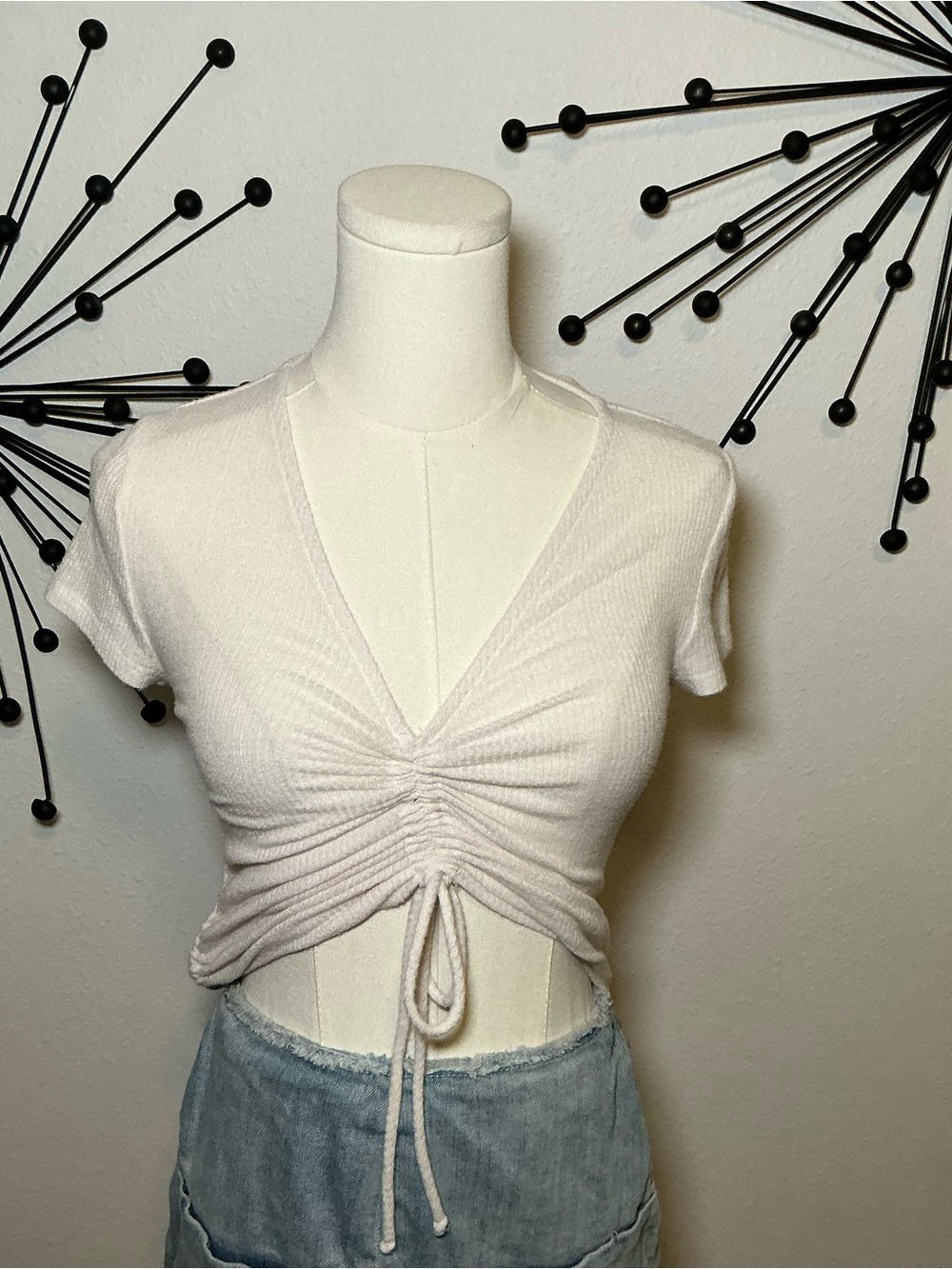 Out From Under Urban Outfitters White Ruched Drawstring Crop Top Y2K